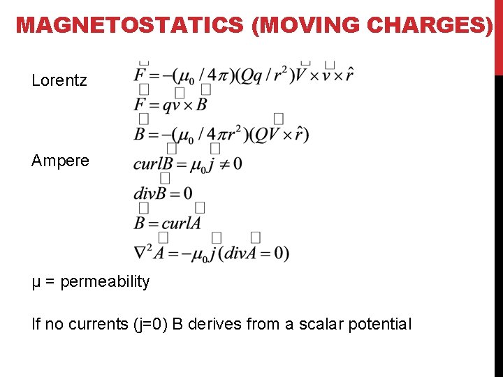 MAGNETOSTATICS (MOVING CHARGES) Lorentz Ampere μ = permeability If no currents (j=0) B derives