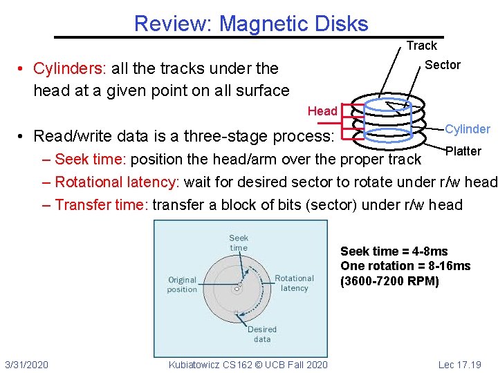 Review: Magnetic Disks Track Sector • Cylinders: all the tracks under the head at