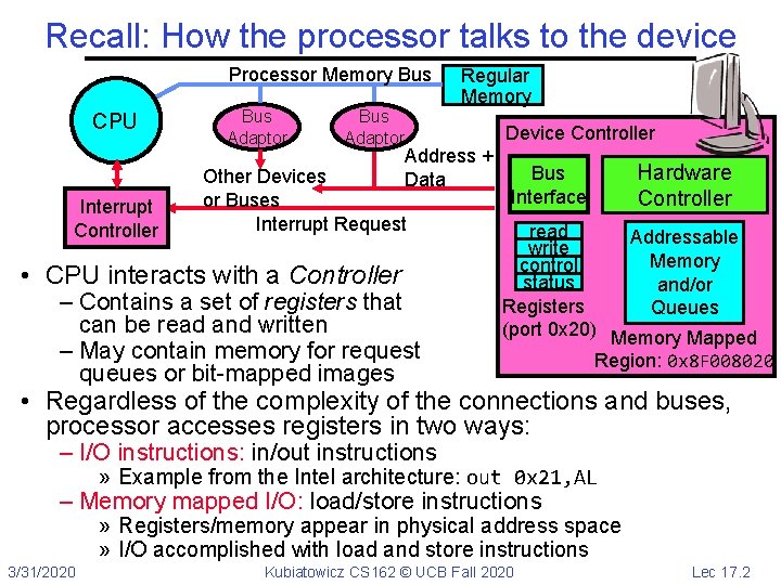 Recall: How the processor talks to the device Processor Memory Bus CPU Interrupt Controller