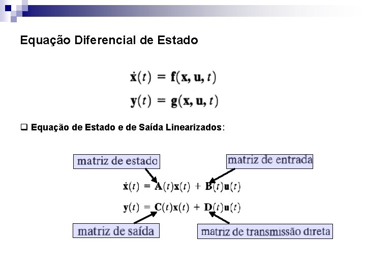 Equação Diferencial de Estado q Equação de Estado e de Saída Linearizados: 