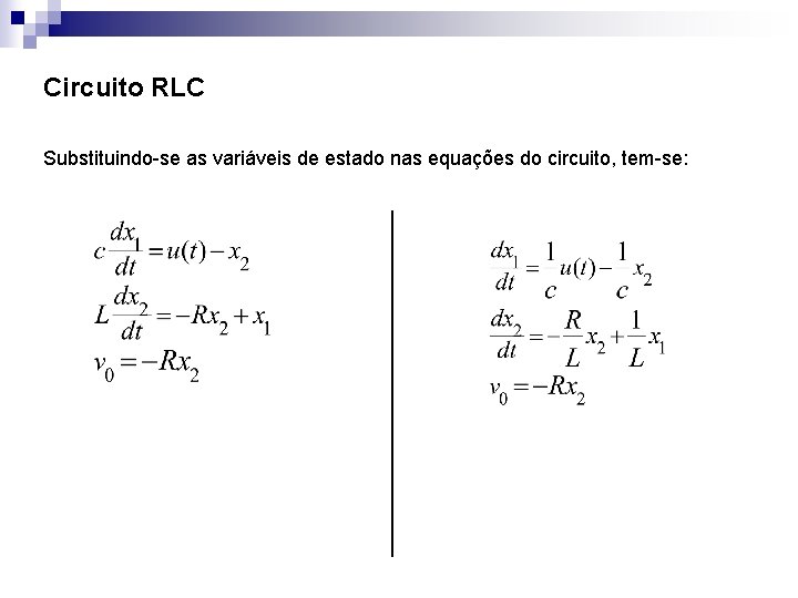 Circuito RLC Substituindo-se as variáveis de estado nas equações do circuito, tem-se: 
