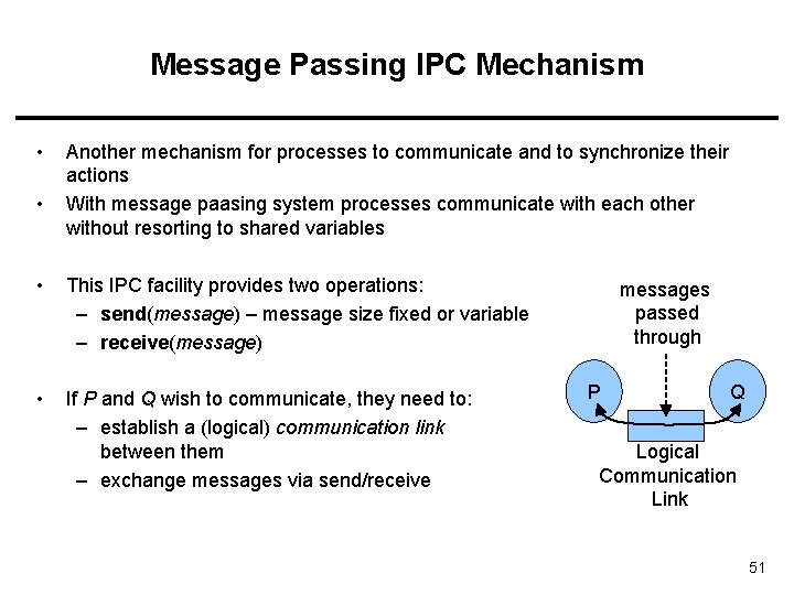 Message Passing IPC Mechanism • • Another mechanism for processes to communicate and to