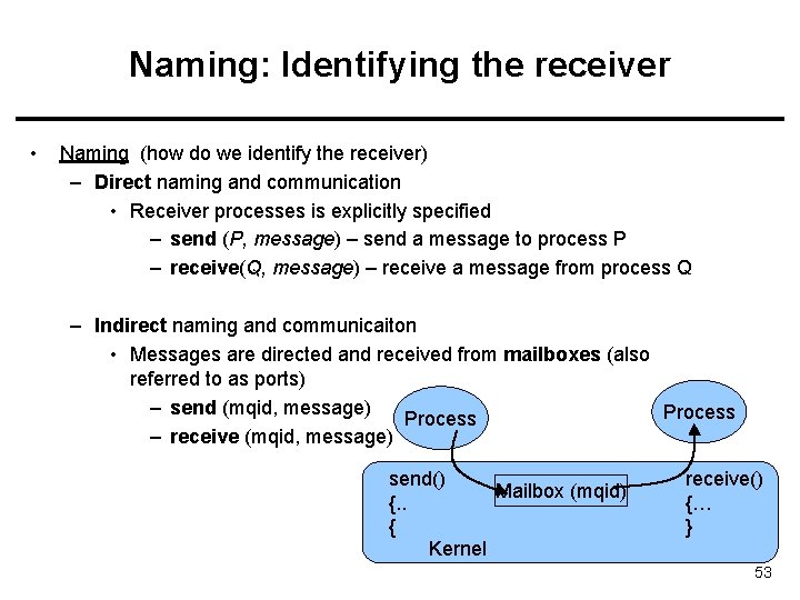 Naming: Identifying the receiver • Naming (how do we identify the receiver) – Direct