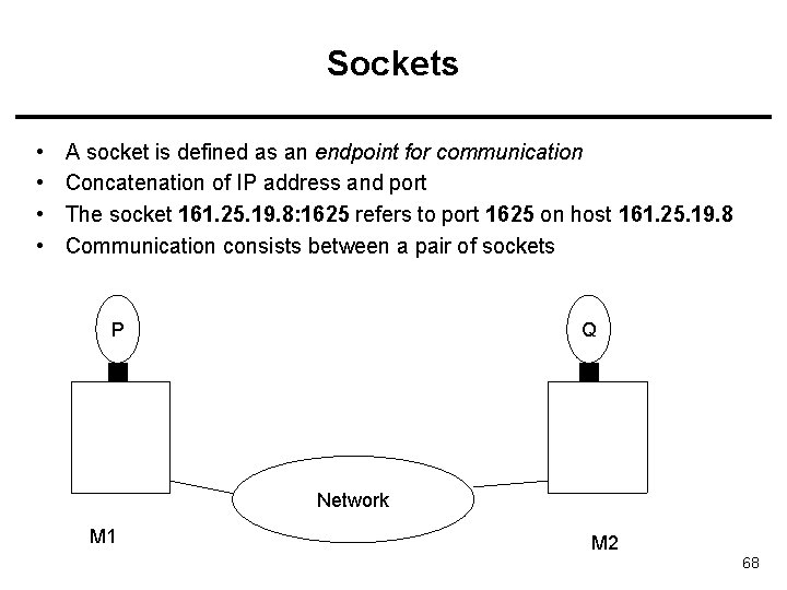 Sockets • • A socket is defined as an endpoint for communication Concatenation of