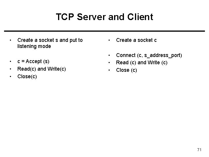 TCP Server and Client • • Create a socket s and put to listening
