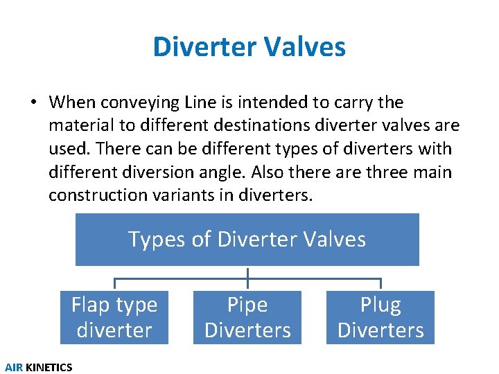 Diverter Valves • When conveying Line is intended to carry the material to different Diverter Valves • When conveying Line is intended to carry the material to different