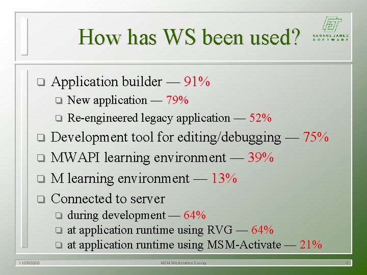 How has WS been used? o Application builder — 91% o o o Development How has WS been used? o Application builder — 91% o o o Development