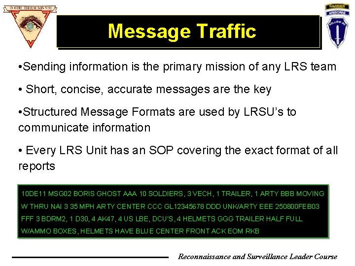 Message Traffic • Sending information is the primary mission of any LRS team • Message Traffic • Sending information is the primary mission of any LRS team •