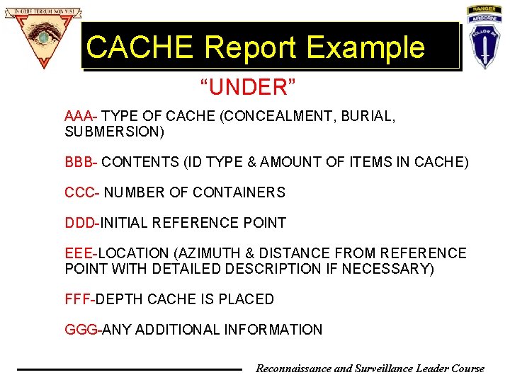 CACHE Report Example “UNDER” AAA- TYPE OF CACHE (CONCEALMENT, BURIAL, SUBMERSION) BBB- CONTENTS (ID CACHE Report Example “UNDER” AAA- TYPE OF CACHE (CONCEALMENT, BURIAL, SUBMERSION) BBB- CONTENTS (ID