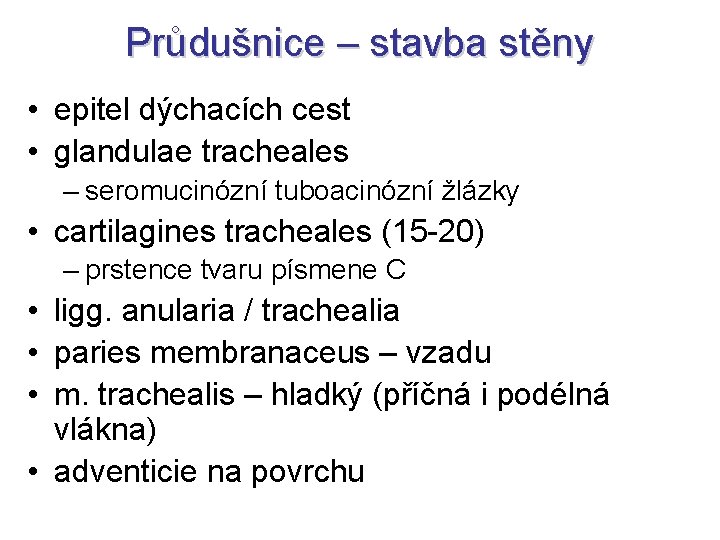 Průdušnice – stavba stěny • epitel dýchacích cest • glandulae tracheales – seromucinózní tuboacinózní Průdušnice – stavba stěny • epitel dýchacích cest • glandulae tracheales – seromucinózní tuboacinózní