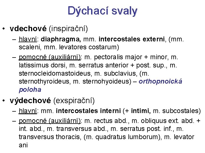 Dýchací svaly • vdechové (inspirační) – hlavní: diaphragma, mm. intercostales externi, (mm. scaleni, mm. Dýchací svaly • vdechové (inspirační) – hlavní: diaphragma, mm. intercostales externi, (mm. scaleni, mm.