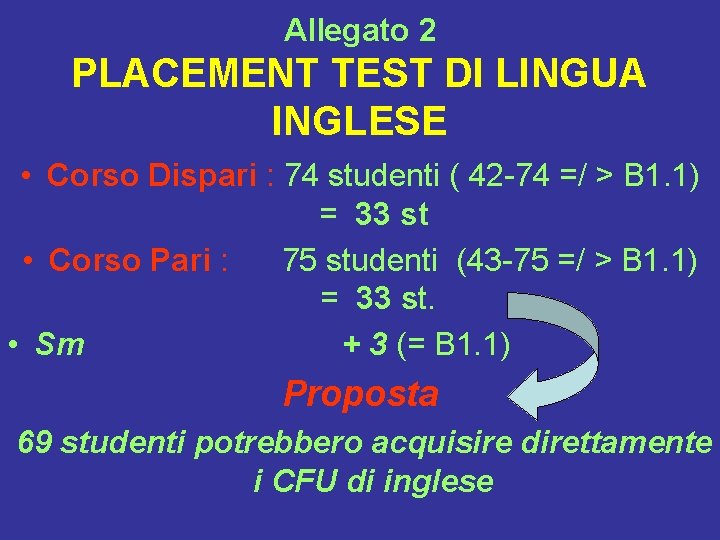 Allegato 2 PLACEMENT TEST DI LINGUA INGLESE • Corso Dispari : 74 studenti (