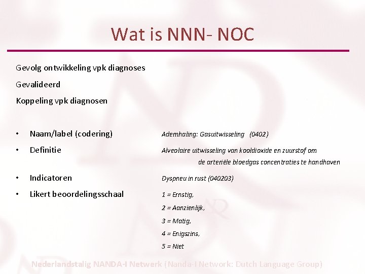 Wat is NNN- NOC Gevolg ontwikkeling vpk diagnoses Gevalideerd Koppeling vpk diagnosen • Naam/label