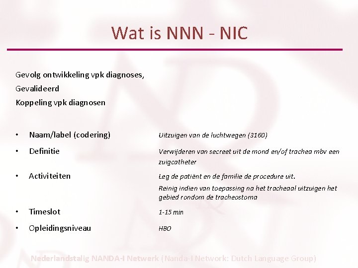 Wat is NNN - NIC Gevolg ontwikkeling vpk diagnoses, Gevalideerd Koppeling vpk diagnosen •