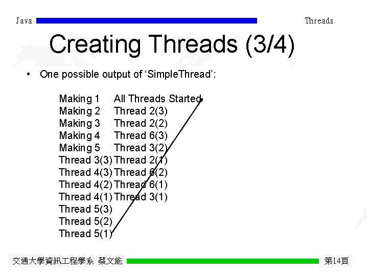 Java Threads Creating Threads (3/4) • One possible output of ‘Simple. Thread’: Making 1