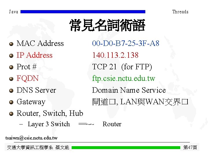 Java Threads 常見名詞術語 MAC Address IP Address Prot # FQDN DNS Server Gateway Router,