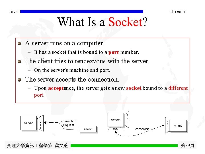 Java Threads What Is a Socket? A server runs on a computer. - It