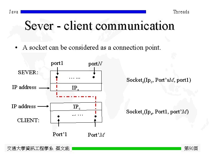 Java Threads Sever - client communication • A socket can be considered as a