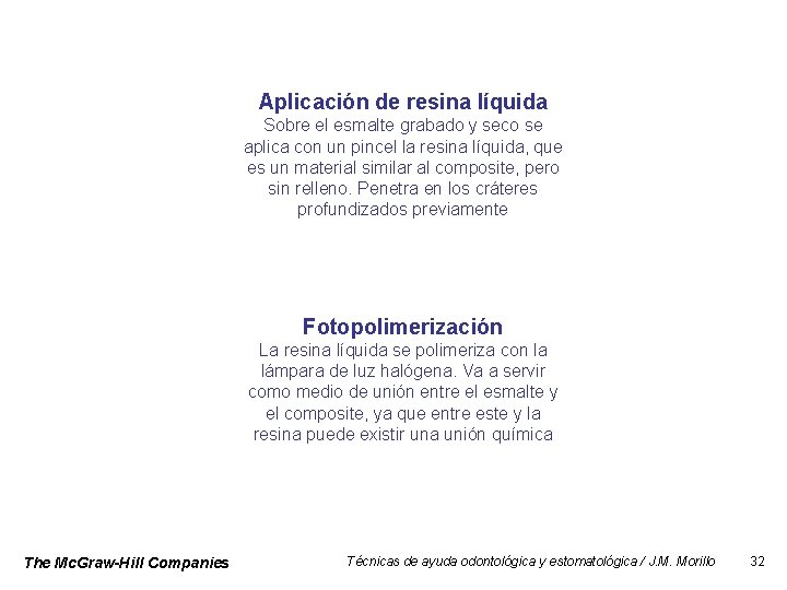 Aplicación de resina líquida Sobre el esmalte grabado y seco se aplica con un