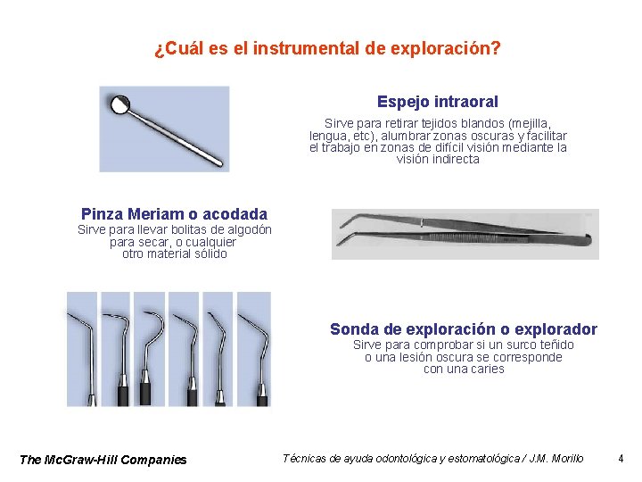 ¿Cuál es el instrumental de exploración? Espejo intraoral Sirve para retirar tejidos blandos (mejilla,