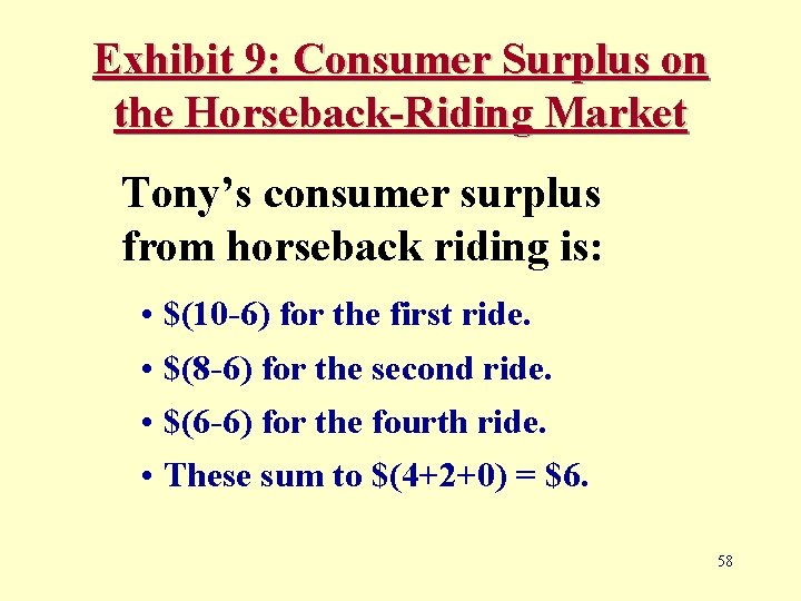 Exhibit 9: Consumer Surplus on the Horseback-Riding Market Tony’s consumer surplus from horseback riding