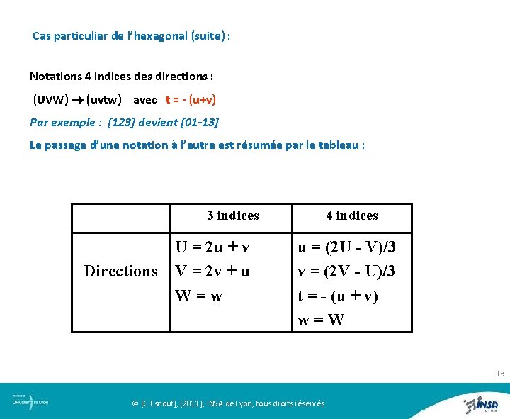 Cas particulier de l’hexagonal (suite) : Notations 4 indices directions : (UVW) (uvtw) avec