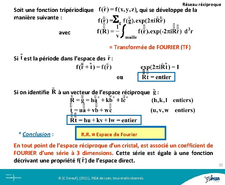 Réseau réciproque Soit une fonction tripériodique , qui se développe de la manière suivante