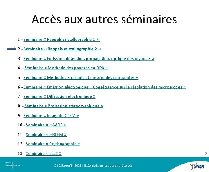 Accès aux autres séminaires 1 - Séminaire « Rappels cristallographie 1 » 2 -