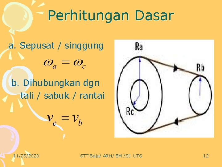 Perhitungan Dasar a. Sepusat / singgung b. Dihubungkan dgn tali / sabuk / rantai