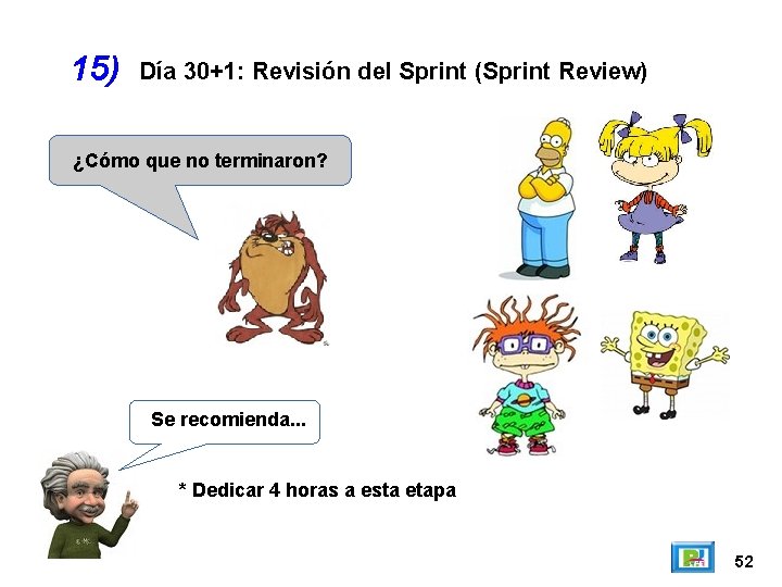 15) Día 30+1: Revisión del Sprint (Sprint Review) ¿Cómo que no terminaron? Se recomienda. 15) Día 30+1: Revisión del Sprint (Sprint Review) ¿Cómo que no terminaron? Se recomienda.