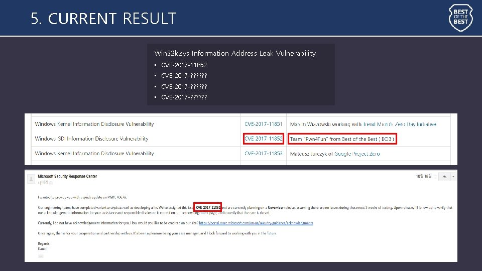 5. CURRENT RESULT Win 32 k. sys Information Address Leak Vulnerability • CVE-2017 -11852 5. CURRENT RESULT Win 32 k. sys Information Address Leak Vulnerability • CVE-2017 -11852