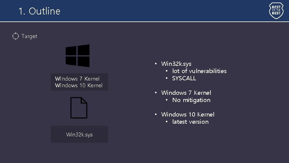 1. Outline Target Windows 7 Kernel Windows 10 Kernel • Win 32 k. sys 1. Outline Target Windows 7 Kernel Windows 10 Kernel • Win 32 k. sys