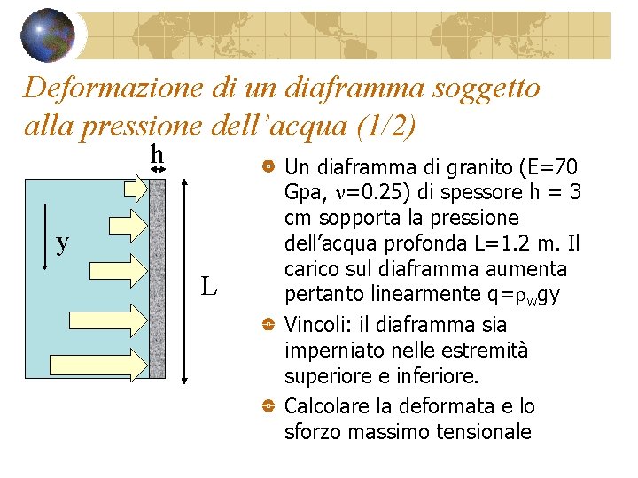 Deformazione di un diaframma soggetto alla pressione dell’acqua (1/2) h y L Un diaframma Deformazione di un diaframma soggetto alla pressione dell’acqua (1/2) h y L Un diaframma