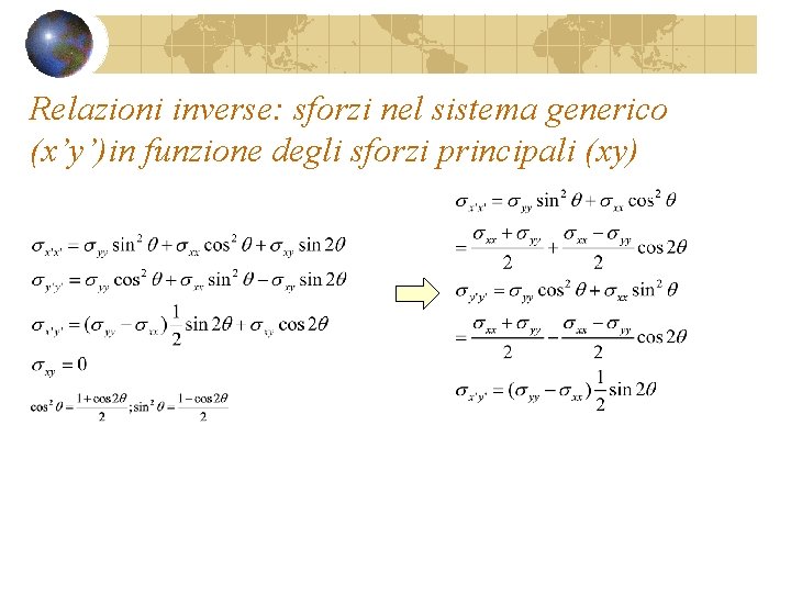 Relazioni inverse: sforzi nel sistema generico (x’y’)in funzione degli sforzi principali (xy) Relazioni inverse: sforzi nel sistema generico (x’y’)in funzione degli sforzi principali (xy)