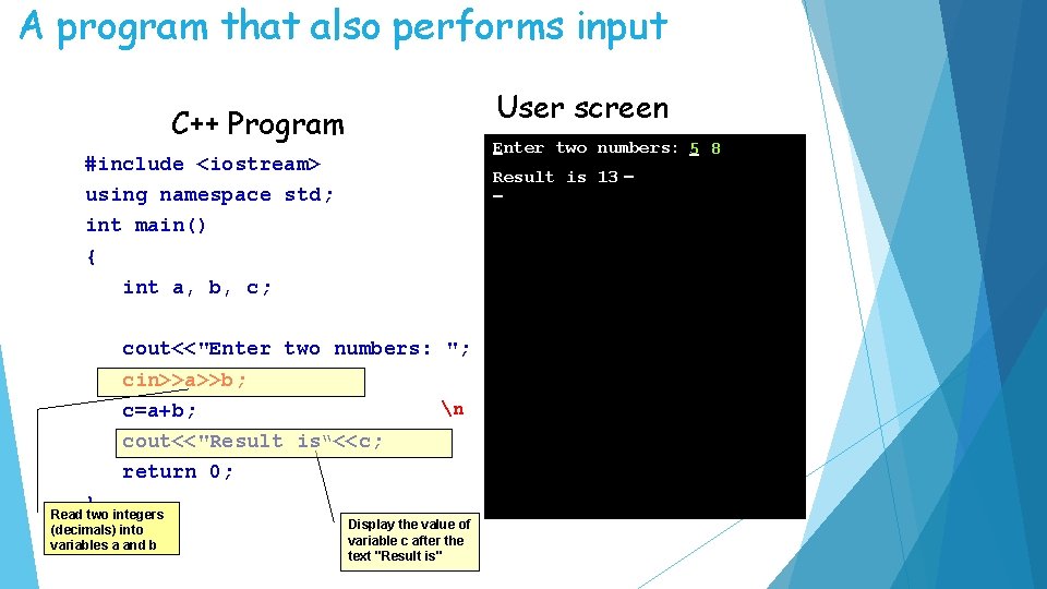 A program that also performs input User screen C++ Program _ Enter two numbers: