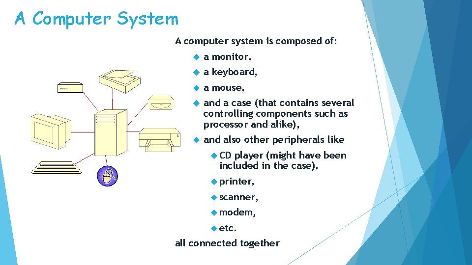 A Computer System A computer system is composed of: a monitor, a keyboard, a