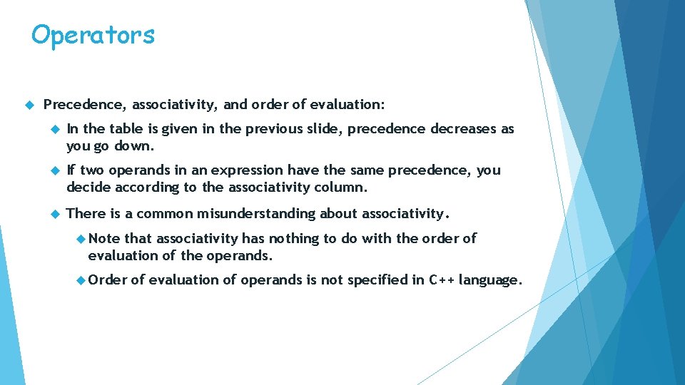 Operators Precedence, associativity, and order of evaluation: In the table is given in the