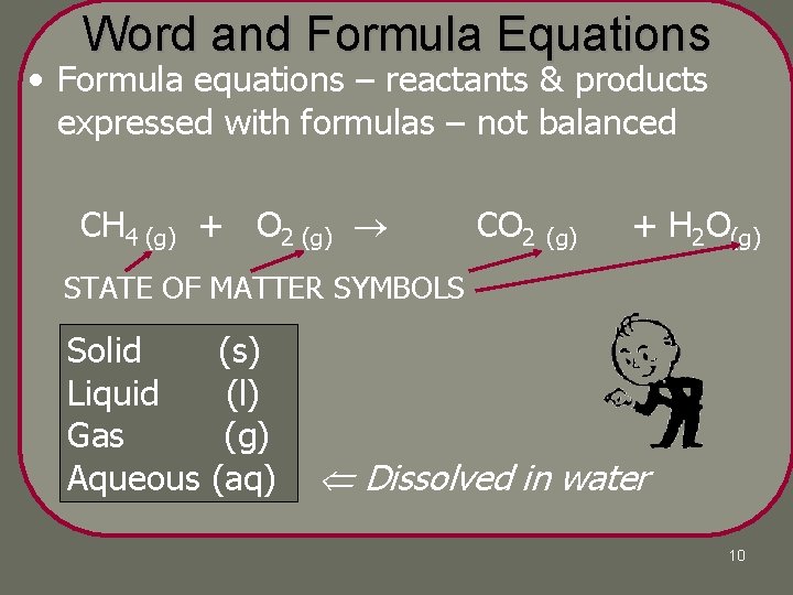 Word and Formula Equations • Formula equations – reactants & products expressed with formulas