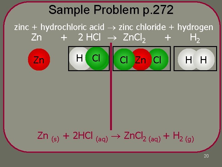 Sample Problem p. 272 zinc + hydrochloric acid zinc chloride + hydrogen Zn + Sample Problem p. 272 zinc + hydrochloric acid zinc chloride + hydrogen Zn +