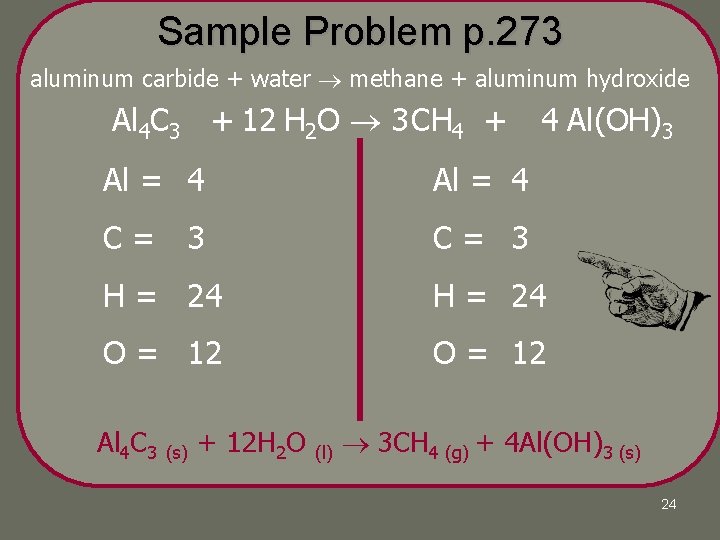 Sample Problem p. 273 aluminum carbide + water methane + aluminum hydroxide Al 4