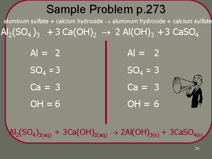 Sample Problem p. 273 aluminum sulfate + calcium hydroxide aluminum hydroxide + calcium sulfate