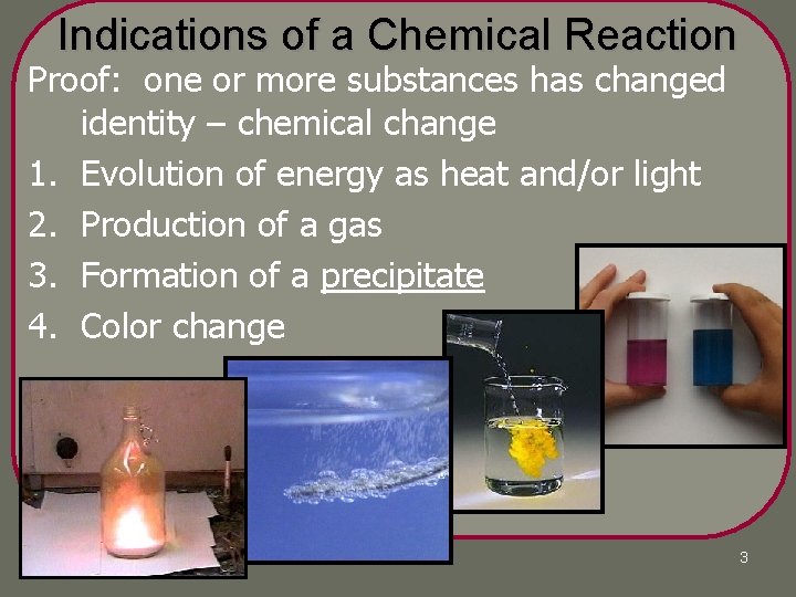 Indications of a Chemical Reaction Proof: one or more substances has changed identity –