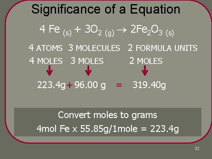 Significance of a Equation 4 Fe (s) + 3 O 2 (g) 2 Fe