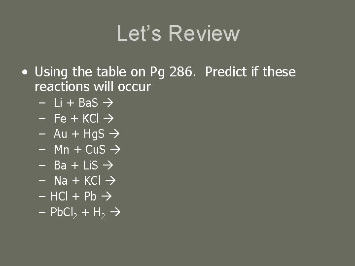 Let’s Review • Using the table on Pg 286. Predict if these reactions will Let’s Review • Using the table on Pg 286. Predict if these reactions will