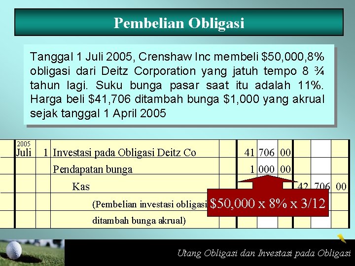 Pembelian Obligasi Tanggal 1 Juli 2005, Crenshaw Inc membeli $50, 000, 8% obligasi dari