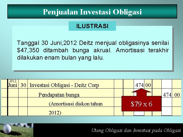 Penjualan Investasi Obligasi ILUSTRASI Tanggal 30 Juni, 2012 Deitz menjual obligasinya senilai $47, 350