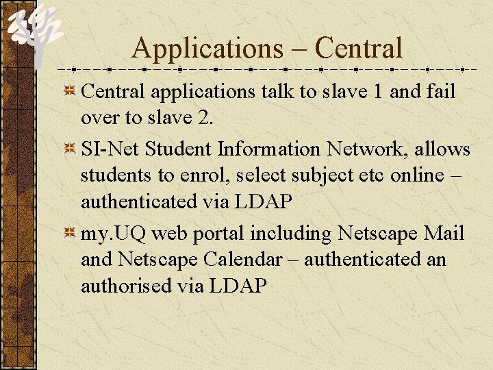 Applications – Central applications talk to slave 1 and fail over to slave 2.