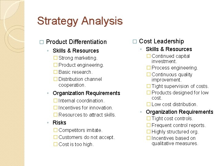 Strategy Analysis � Product Differentiation ◦ Skills & Resources � Strong marketing. � Product