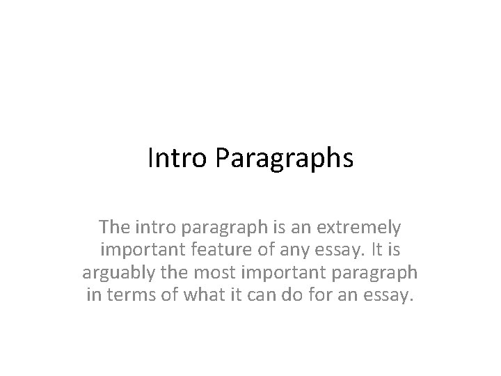 Intro Paragraphs The intro paragraph is an extremely important feature of any essay. It