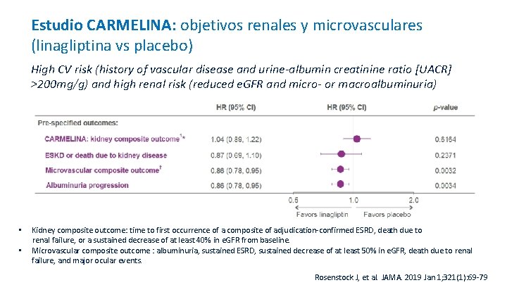 Estudio CARMELINA: objetivos renales y microvasculares (linagliptina vs placebo) High CV risk (history of
